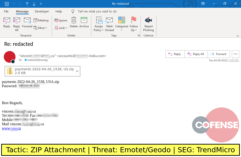 Real Phishing Example: Finance-themed emails found in environments protected by TrendMicro deliver an LNK downloader via an attached password protected ZIP archive. The LNK downloader downloads and runs Emotet/Geodo.
