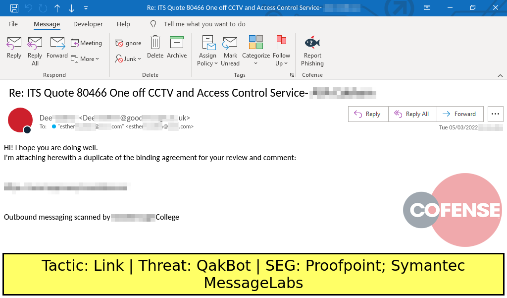 Real Phishing Example: Response-themed emails found in environments protected by Proofpoint and Symantec MessageLabs deliver QakBot via a Microsoft Windows installer. The Microsoft Windows installer is downloaded via an embedded URL.