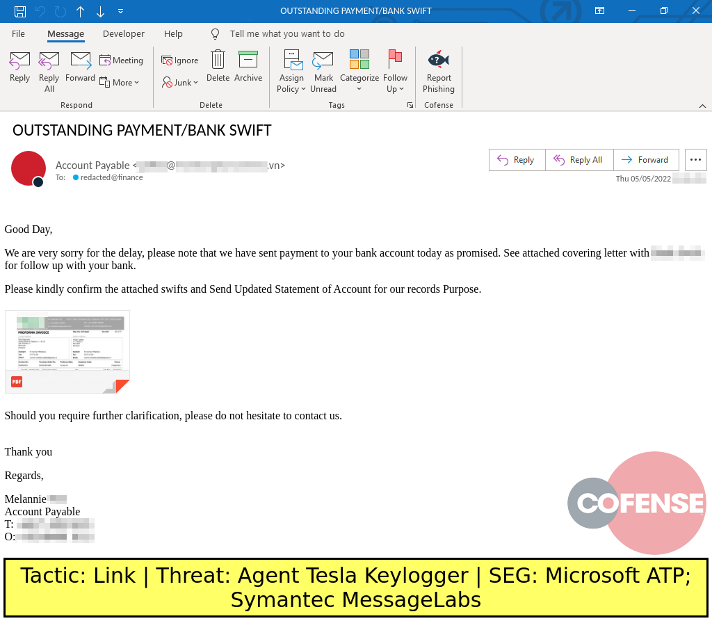 Real Phishing Example: Finance-themed emails found in environments protected by Microsoft ATP and Symantec MessageLabs delivers Agent Tesla keylogger via a DotNETLoader downloaded from an embedded link.