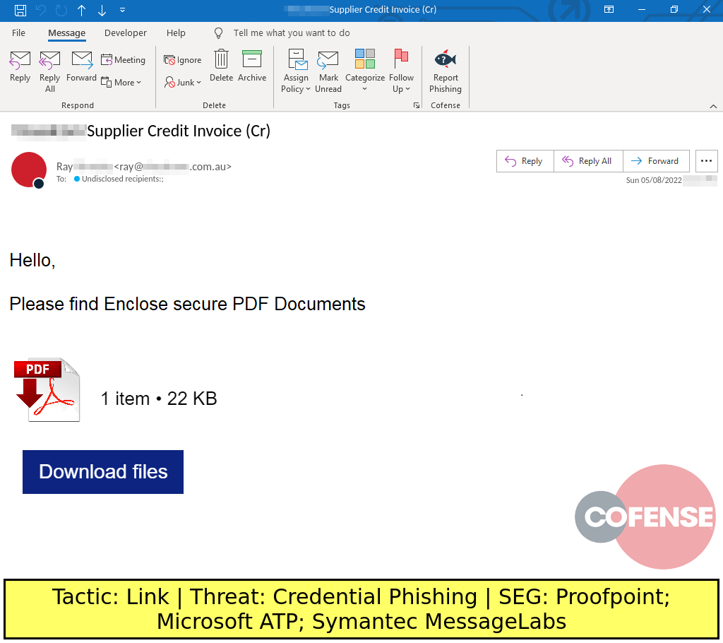 Real Phishing Example: Finance-themed emails found in environments protected by Proofpoint, Microsoft ATP, and Symantec MessageLabs deliver Credential Phishing via a HTML file downloaded from an embedded link.