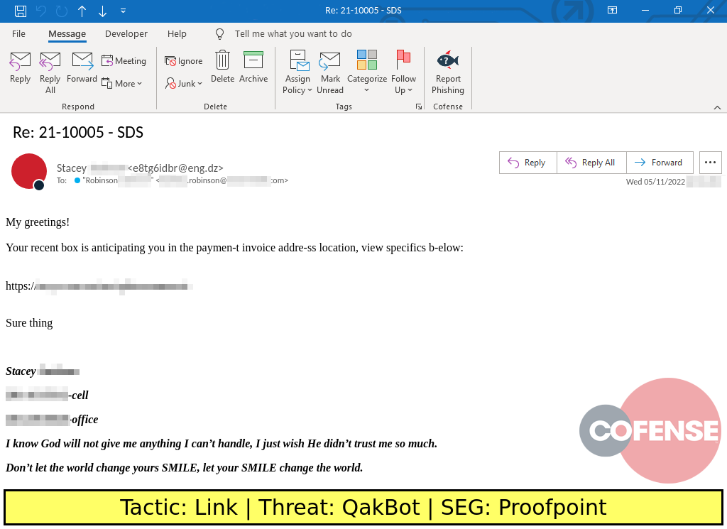 Real Phishing Example: Response-themed emails found in environments protected by Proofpoint deliver Office macro laden spreadsheets via an embedded URL. The Office macros deliver QakBot.