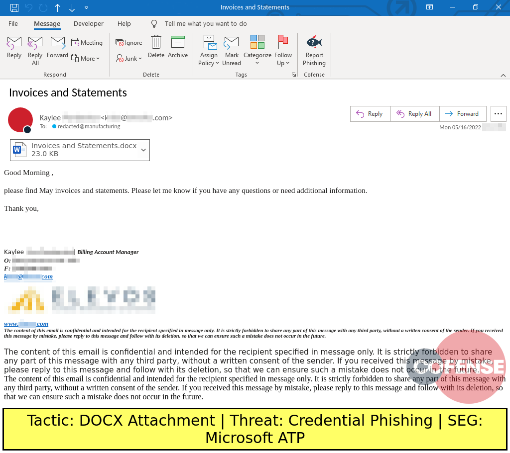 Real Phishing Example: Finance-themed emails found in environments protected by Microsoft ATP deliver credential phishing via links embedded in attached Office documents.