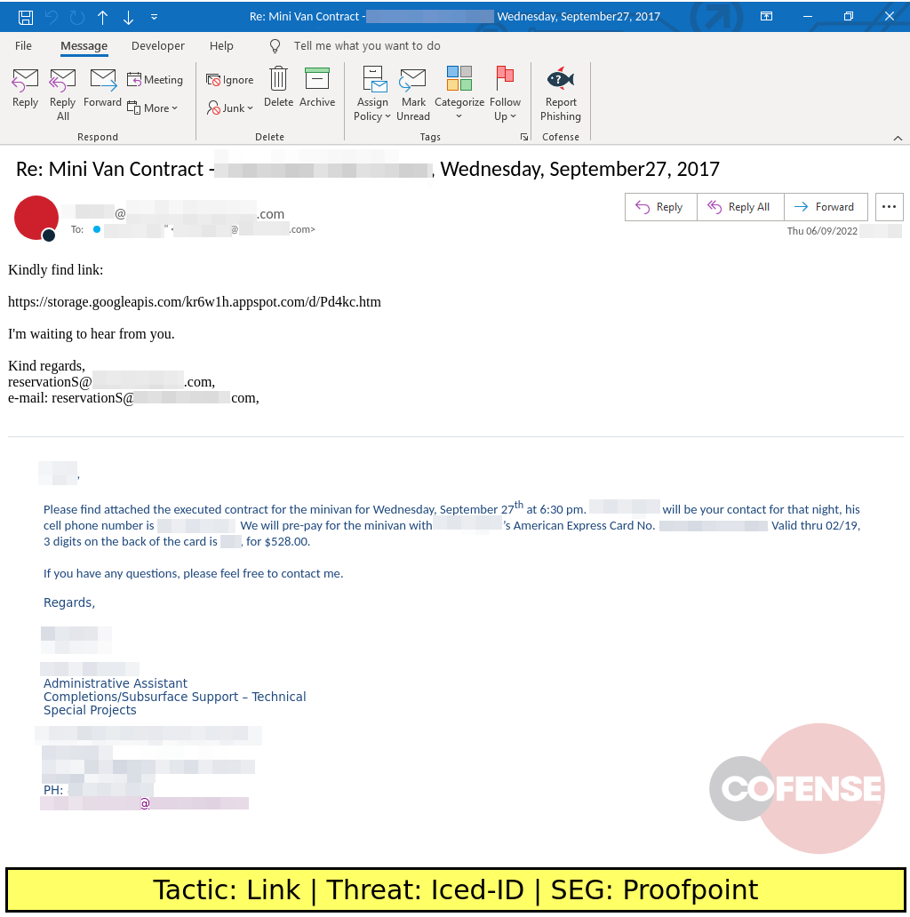 Real Phishing Example: Response-themed emails found in environments protected by Proofpoint deliver Iced-ID via an embedded URL.