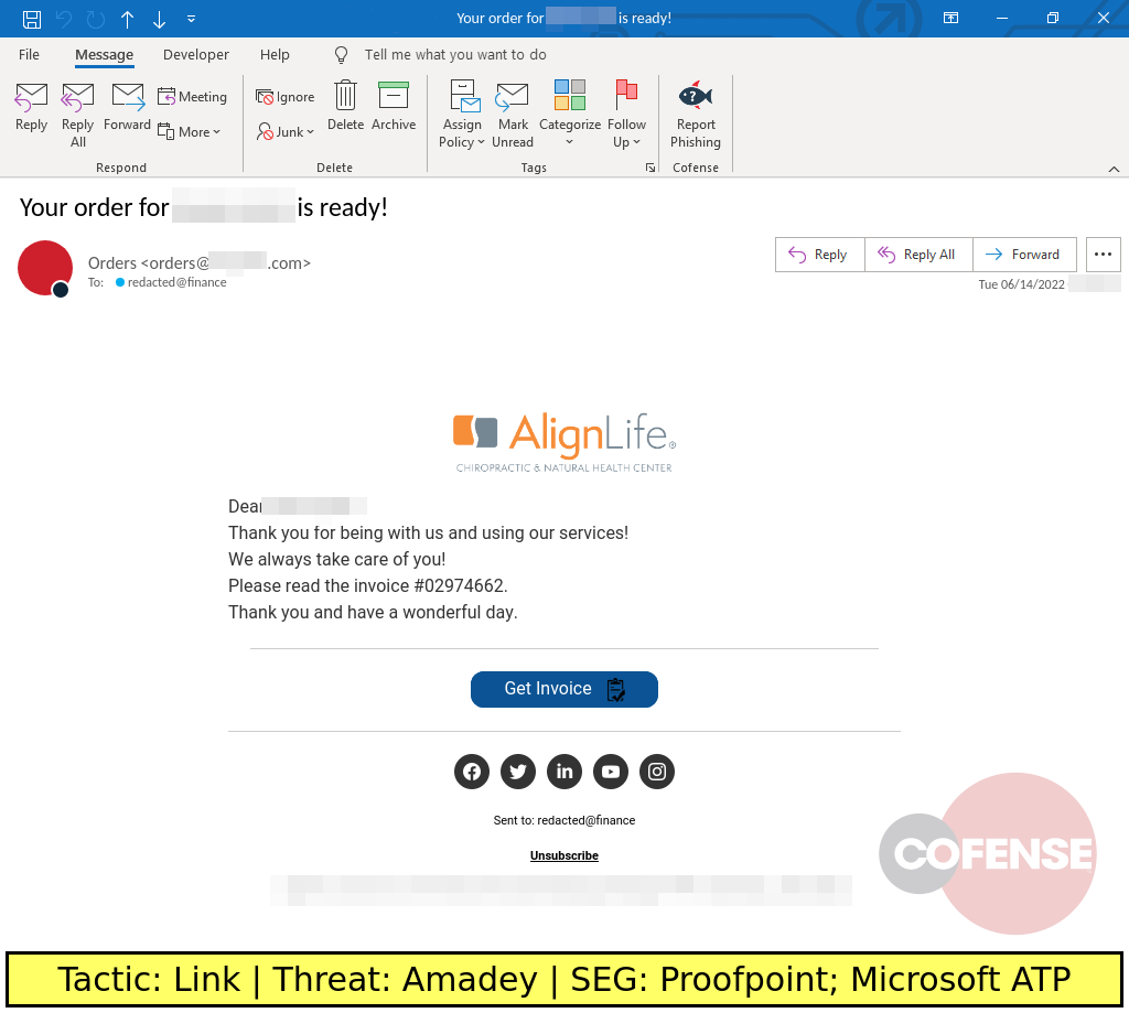 Real Phishing Example: AlignLife-spoofing emails found in environments protected by Proofpoint and Microsoft ATP deliver Amadey via an LNK Downloader downloaded from an embedded link. The LNK Downloader downloads and runs an HTA file, which downloads and runs Amadey.