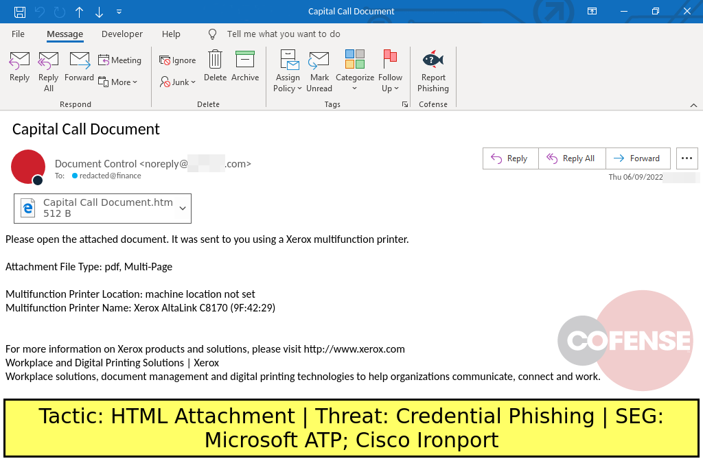 Real Phishing Example: Document-themed emails found in environments protected by Microsoft ATP and Cisco Ironport deliver credential phishing via links embedded in attached HTML files.