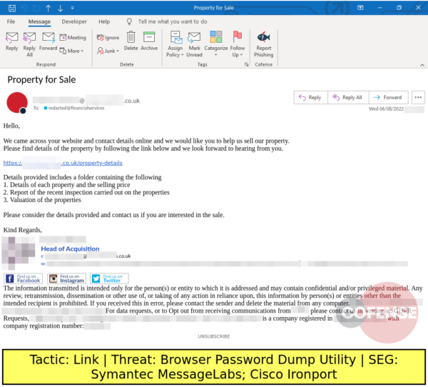 Real Phishing Example: Customer Management Resourcing Group-spoofing emails found in environments protected by Microsoft ATP and Symantec MessageLabs deliver a DotNETLoader via an embedded URL. The DotNETLoader delivers a Browser Password Dump Utility and a decoy document.