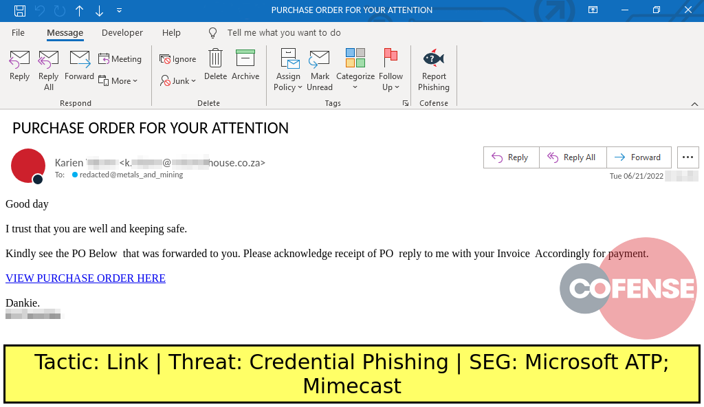 Real Phishing Example: Finance-themed emails found in environments protected by Microsoft ATP and Mimecast deliver Credential Phishing via an embedded link.