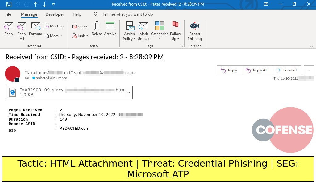Real Phishing Example: Fax-themed emails found in environments protected by Microsoft ATP deliver Credential Phishing via an attached HTML file.