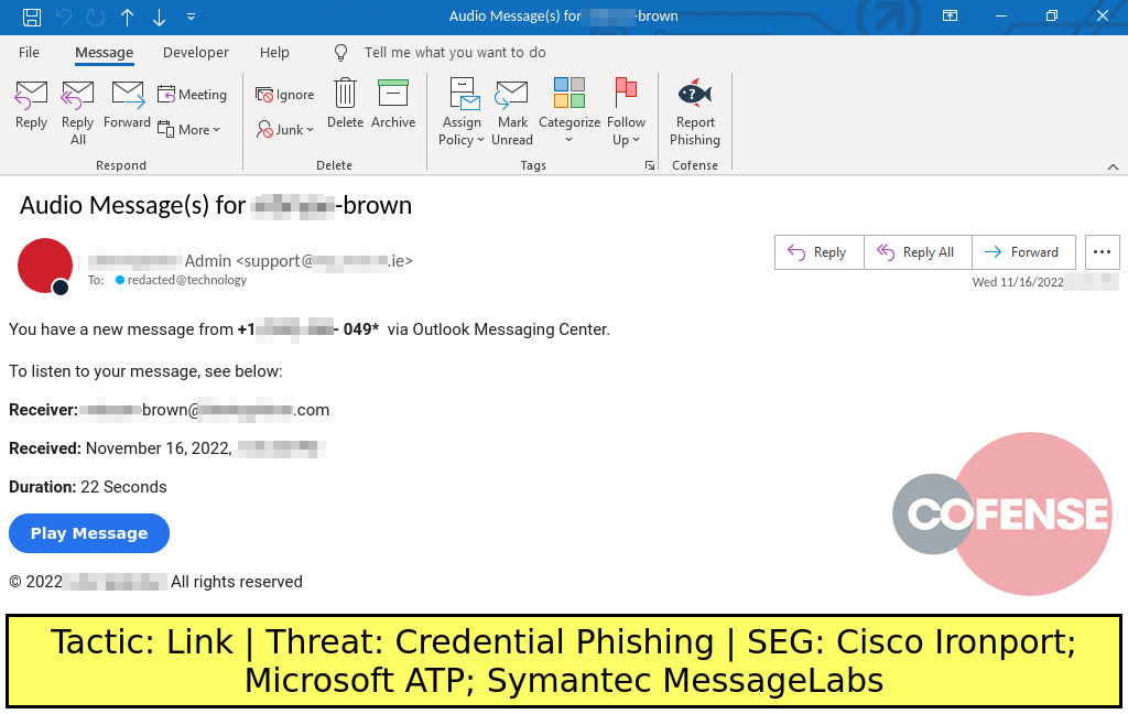 Real Phishing Example: Voicemail-themed emails found in environments protected by Cisco Ironport, Microsoft ATP, and Symantec MessageLabs deliver Credential Phishing via an embedded URL.