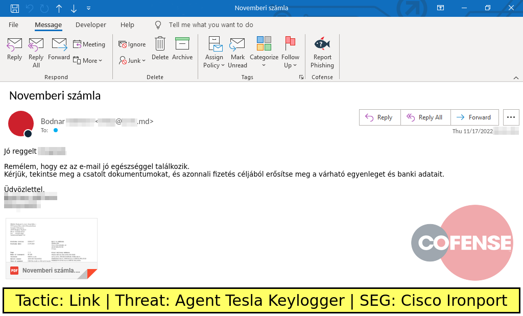 Real Phishing Example: Finance-themed emails found in environments protected by Cisco Ironport deliver Agent Tesla Keylogger via a DotNETLoader. Agent Tesla Keylogger is run in memory.