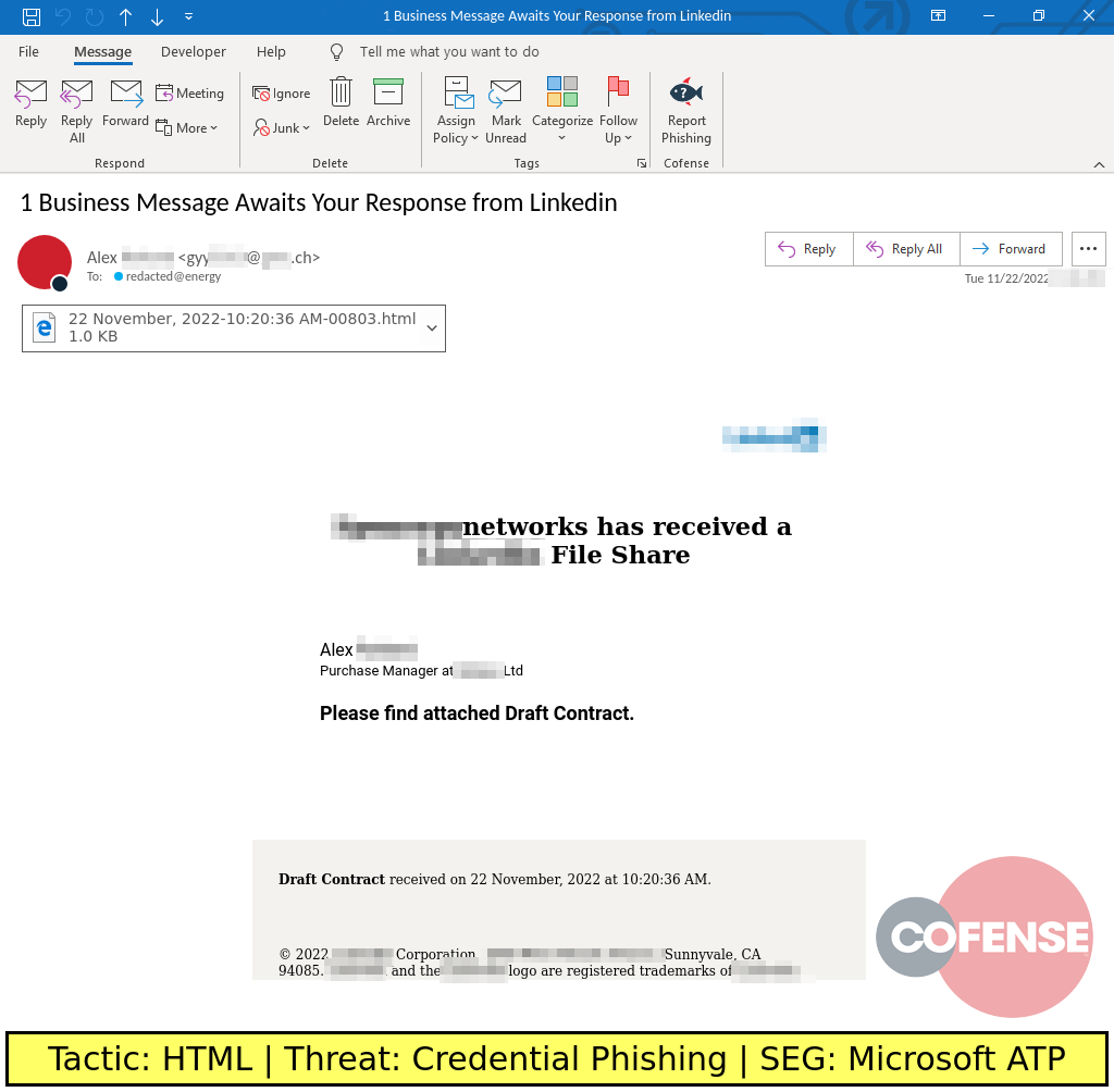Real Phishing Example: Notification-themed emails found in environments protected by Microsoft ATP deliver Credential Phishing embedded in attached HTML files.
