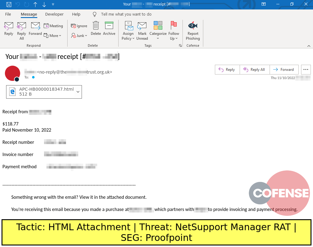 Real Phishing Example: Finance-themed emails found in environments protected by Proofpoint deliver NetSupport Manager RAT via an attached HTML file. The HTML file delivers an LNK Downloader which downloads and runs NetSupport Manager RAT.