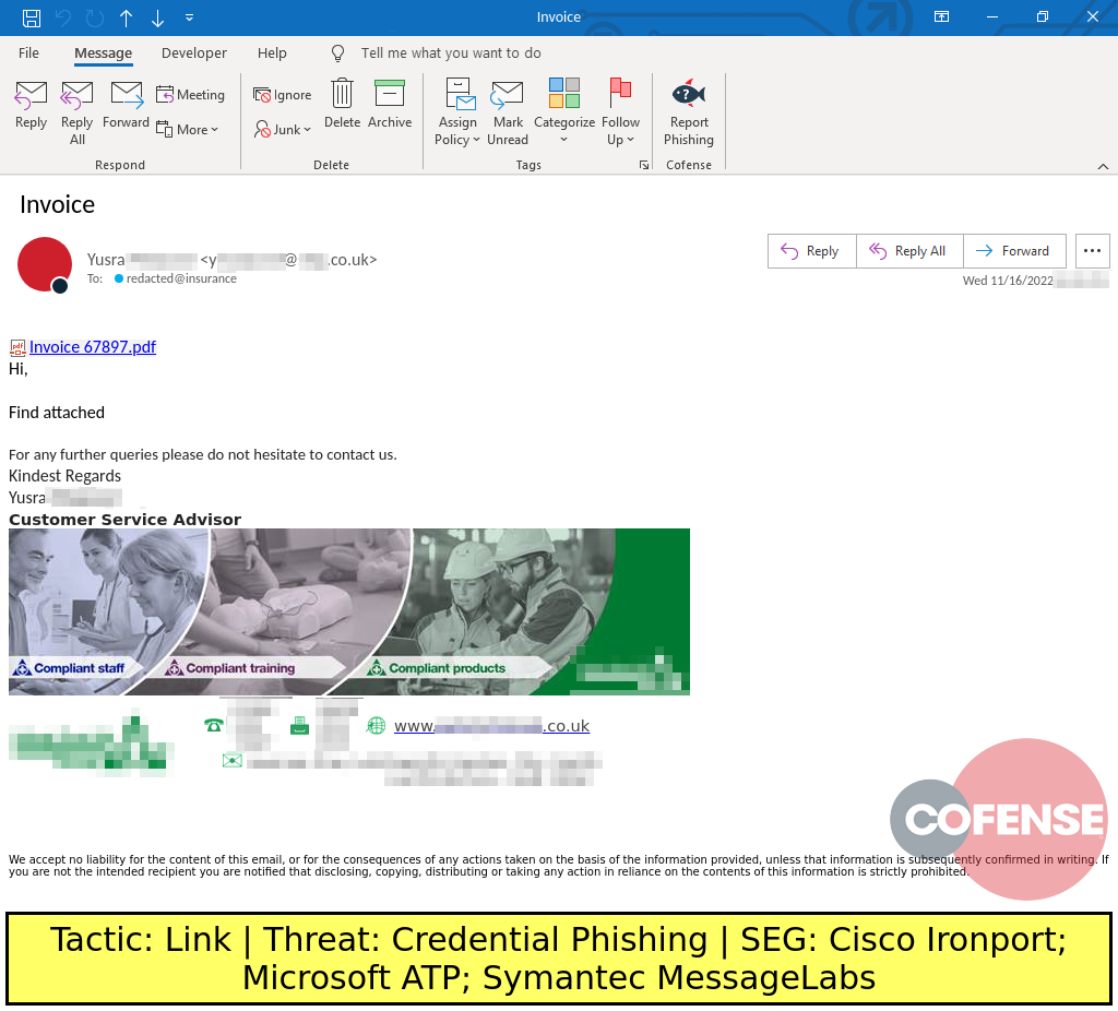 Real Phishing Example: Finance-themed emails found in environments protected by Cisco Ironport, Microsoft ATP, and Symantec MessageLabs deliver Credential Phishing via an embedded URL.