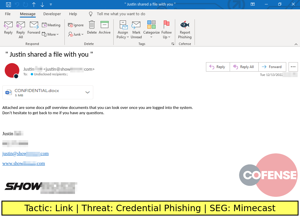 Real Phishing Example: Notification-themed emails found in environments protected by Mimecast deliver Credential Phishing via an embedded link.