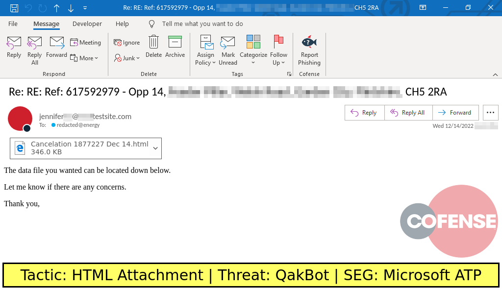 Real Phishing Example: Notification-themed emails found in environments protected by Microsoft ATP deliver a password protected .zip archive via an attached HTML file. The archive contains an .img file which contain a QakBot .dll and a .lnk file which is used to run the .dll.