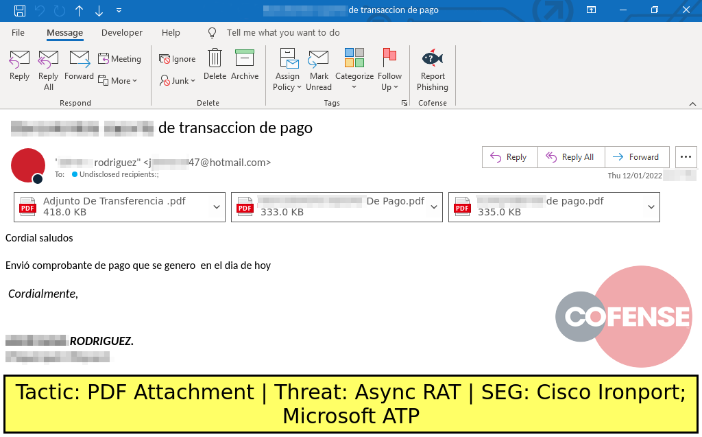 Real Phishing Example: Finance-themed emails found in environments protected by Microsoft ATP and Cisco Ironport deliver attached PDF files with links to download password protected archives. The archives contain Async RAT.