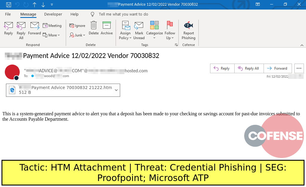 Real Phishing Example: Finance-themed emails found in environments protected by Proofpoint and Microsoft ATP deliver Credential Phishing embedded in an attached HTML file.