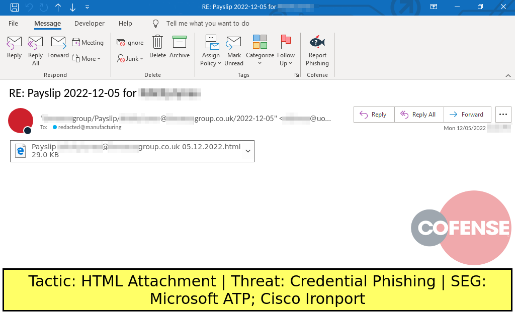 Real Phishing Example: Finance-themed emails found in environments protected by Microsoft ATP and Cisco Ironport deliver Credential Phishing embedded in an attached HTML file.
