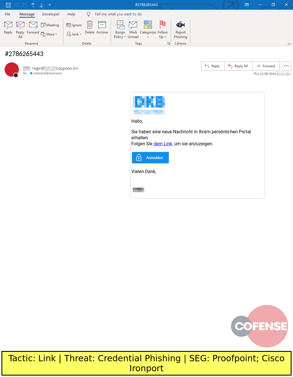 Real Phishing Example: DKB-spoofing emails found in environments protected by Proofpoint and Cisco Ironport deliver Credential Phishing via an embedded URL.