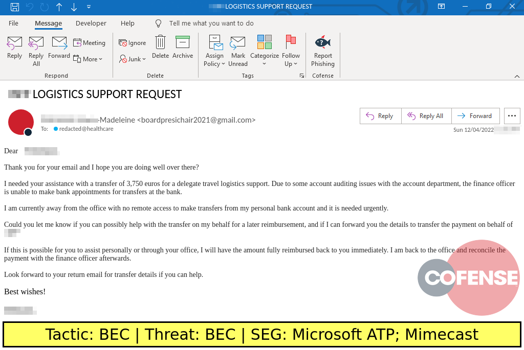 Real Phishing Example: Finance-themed emails found in environments protected by Mimecast and Microsoft ATP deliver BEC.