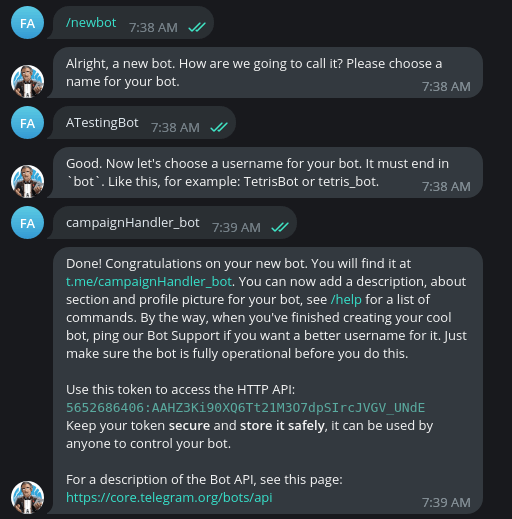 Senden einer Nachricht an den BotFather, um einen Telegram-Bot zu erstellen 