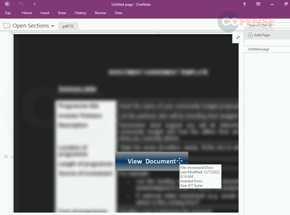 OneNote file with embedded clickable file that delivers FormBook. Hovering over displays the file name with reversed file extension. 