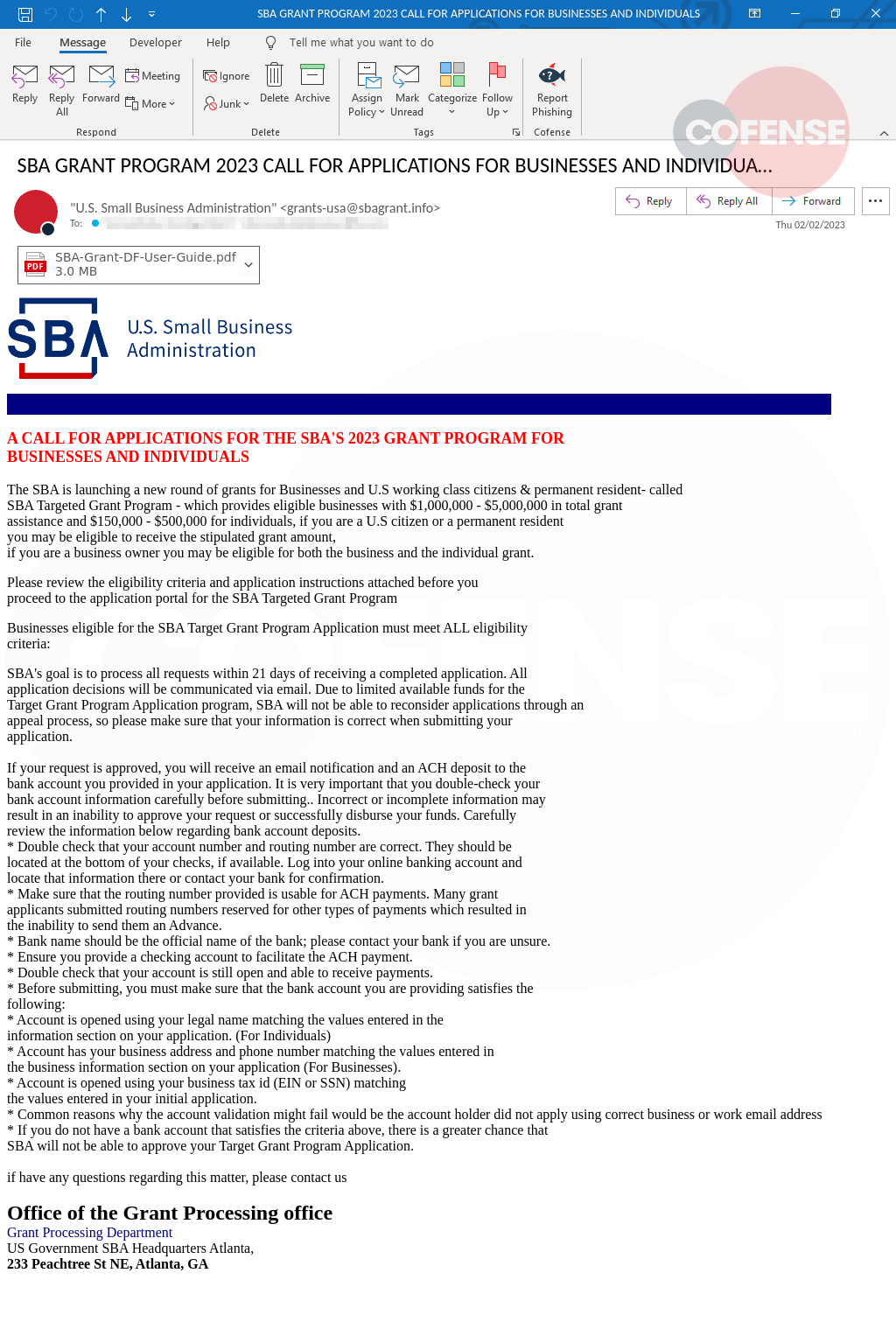 SBA Grant Scam Email Body 