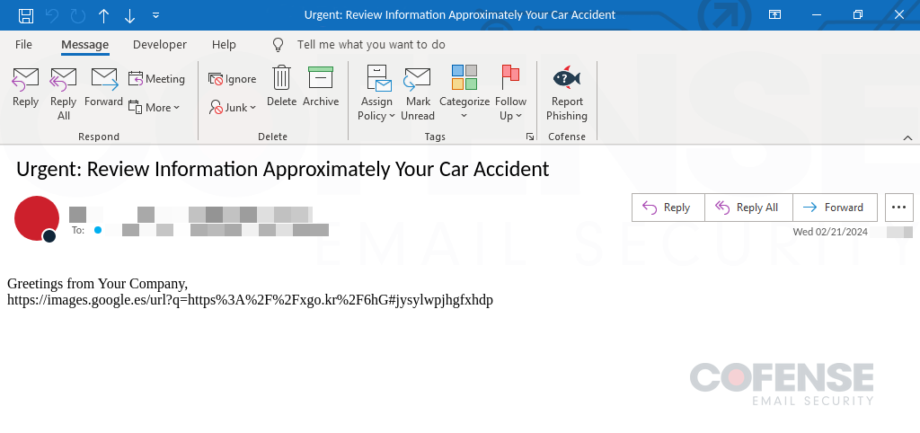 Figure 2: Vehicle incident-themed phishing email delivering Rhadamanthys Stealer. 